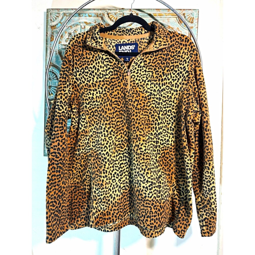 Lands' End Women's XL Leopard Print 1/4 Zip Fleece Pullover Sweatshirt